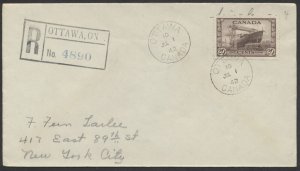 1942 #260 20c Corvette War Issue FDC Registered Ottawa to USA