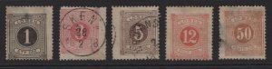 Sweden 1874 Perf 14 Postage Dues 5 Values #J1-J3, J5 + J10 Good Used SCV $308.75