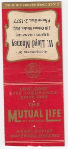 Canada Revenue 1/5¢ Excise Tax Matchbook THE MUTUAL LIFE OF CANADA