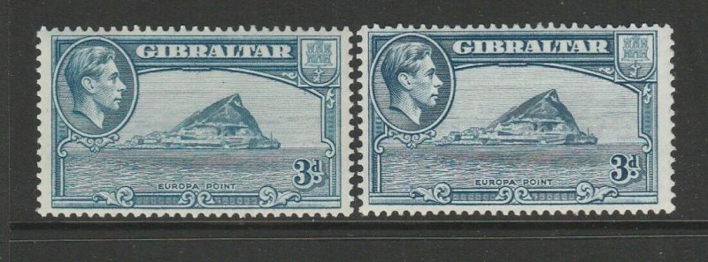 Gibraltar 1938/51 3d P13 both listed shades MM SG 125b & 125bb