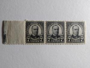 SCOTT #559 SEVEN CENT McKINLEY STRIP OF THREE W/ TAB MINT NEVER HINGED GEM 1922