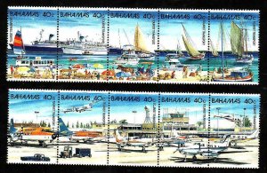 Bahamas-Sc#634-5-two unused NH strips-Boats-Planes-Aircraft-1987-