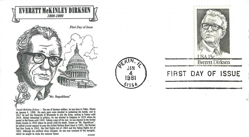 1981 FDC, #1874, 15c Everett Dirksen, 4 diff. cachets