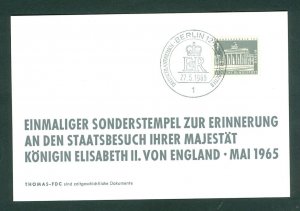 Germany Berlin. 1965. Card Spc. Cancel: Berlin. Queen Elizabeth Visit. Sc# 9n120