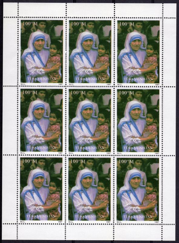 Turkmenistan 1997 YT#59a Mother Teresa and Child Sheetlet (9) fluorescent paper