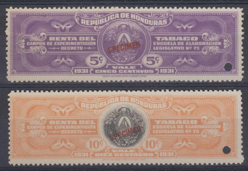 HONDURAS 1931 REVENUES TOBACCO FULL SET 5 & 10 cents PERF PROOFS + SPECIMEN MNH 