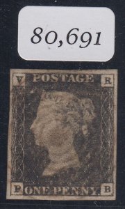 SG V1 Great Britain 1840 ‘VR’ official 1d black, watermark small crown. Imperf.. 