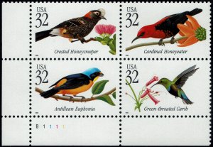 United States #3222-25 Plate Block MNH - Tropical Birds (1998)