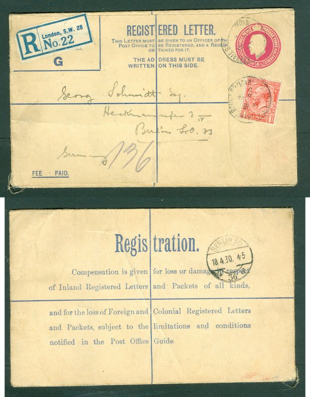 Great Britain. Stationery Cover 1930. Reg. Uprated  1 Penny. Adr: Berlin Germany