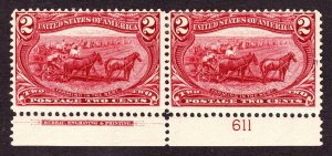 US 286 2c Trans-Mississippi Mint Plate #611 Bottom Pair F-VF OG H SCV $60