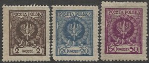 POLAND 1924  Sc 216,221,225 Arms of Poland - Eagle Issue, 3 Diff. Mint NH, VF