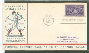 US 855 1939 3c Centennial of Baseball (single) on an addressed (Handstamp) FDC with a Linprint cachet