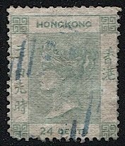 HONG KONG 1862  Sc 5 24c green QV Used FVF, Blue cancel, Unwmk., cv $110