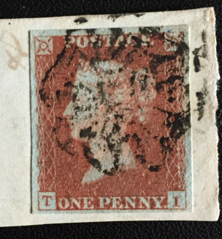 GB QV 1d (bluish paper) imperf Used on piece obliterated by Maltese Cross GB3584