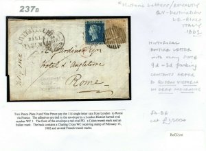 GB SG.86 9d Cover HISTORIC LETTER re *QUEEN IN MOURNING* 2d Blue 1862 Italy 237b