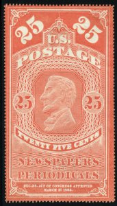 United States, Newspaper Stamps #PR3 Cat$400, 1865 25c orange red, without gu...