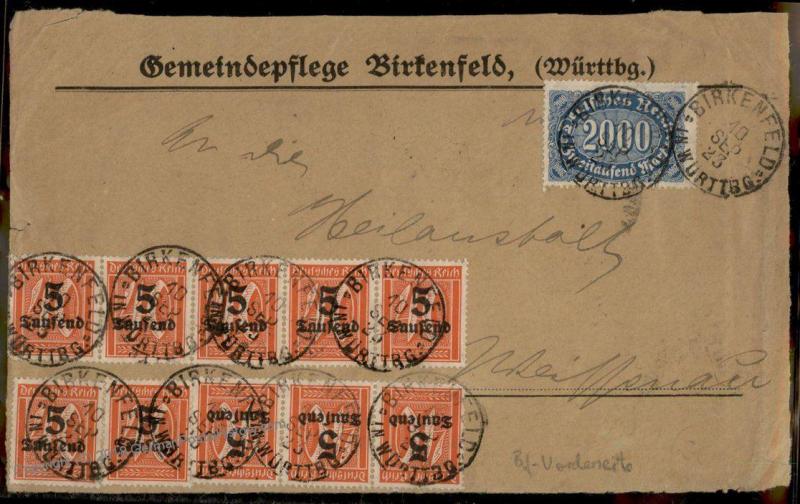 Germany Inflation FRONT Sept 10 1923 First Day Rate Birkenfeld 72576