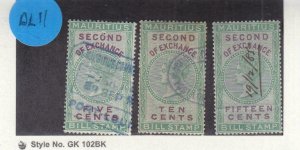 Mauritius: 1880 Bill Stamps,  Second Exchange, Used, 5c, 10c 15c (DL11)