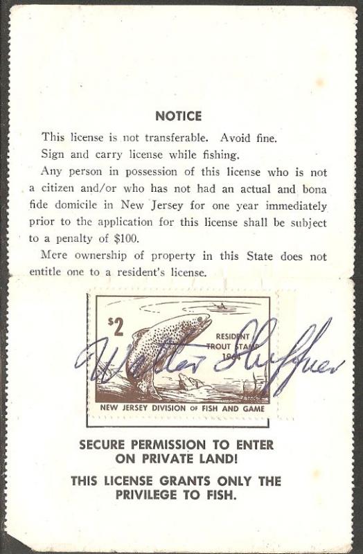 US NJT23 New Jersey Trout Revenue on License - 1964