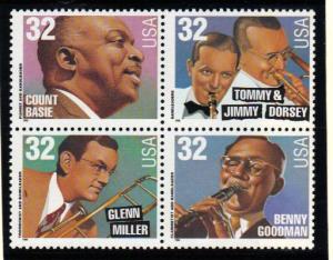 #3096-99 MNH blk/4 32c Big Band Leaders 1996 Issue 