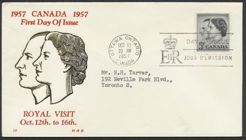 1957 #374 QEII Royal Visit FDC H&E Cachet Ottawa