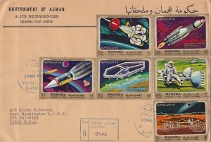 Manama, Mi cat. 291-296 A. Apollo 13 issue on a Registered First day cover.