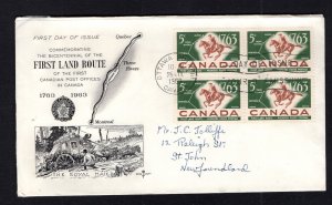 Canada #413 block (1963 Postal Rider issue)  addressed Rosecraft cachet FDC pen