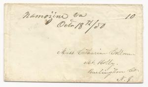 VA US STAMPLESS COVER Namozine October 18, 1850 DPO #3 (Pop 27)