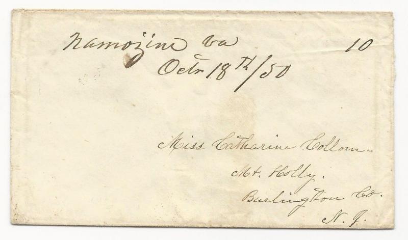 VA US STAMPLESS COVER Namozine October 18, 1850 DPO #3 (Pop 27)