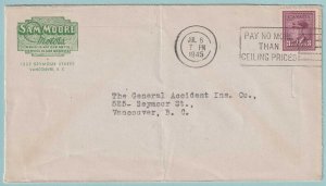 CANADA 1945 COMMERCIAL COVER MAILED WITHIN VANCOUVER B.C. - CV750