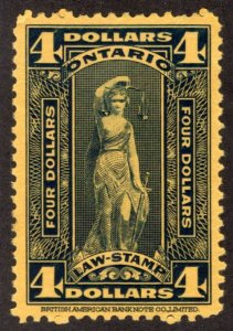 van Dam $4 blue on orange, MNG, 1929-61 Ontario Law Stamp, Canada Revenue