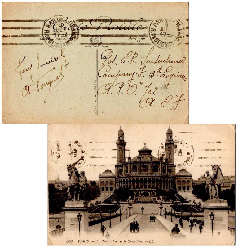 France Soldier's Free Mail 1917 Paris, R. de Clignancourt PPC (Le Pont d'Lena...