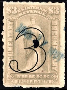 R186 $3.00 Revenue: Documentary (1900) Used/Cut Cancelled/Date Stamped