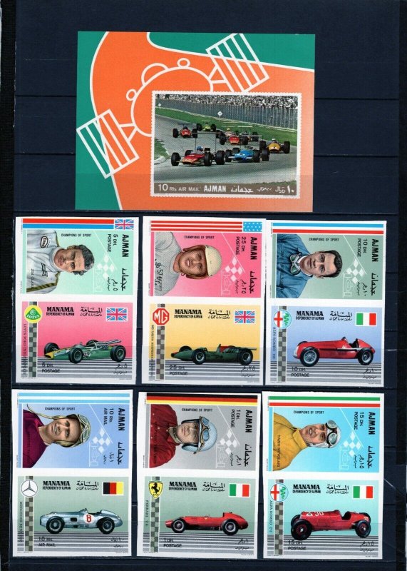 AJMAN-MANAMA 1969 AUTO RACING 2 SETS OF 12 STAMPS & 2 S/S PERF. & IMPERF. MNH