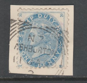 New Zealand SG F2 used. 1882 1p blue QV Postal Fiscal, ASHBURTON Squared Circle