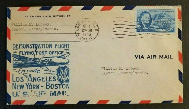 1946 Airmail Cover First Demonstration Flight Los Angeles CA to Canton PA