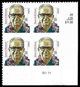 SCOTT  3427a  MICHENER  59¢  PLATE BLOCK  MNH  SHERWOOD STAMP