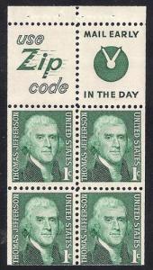 #1278B 1 cent Thomas Jefferson Pane mint OG NH VF