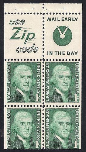 #1278B 1 cent Thomas Jefferson Pane mint OG NH VF