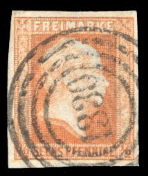 German States, Prussia #2 Cat$52.50, 1850 6pf red orange, used