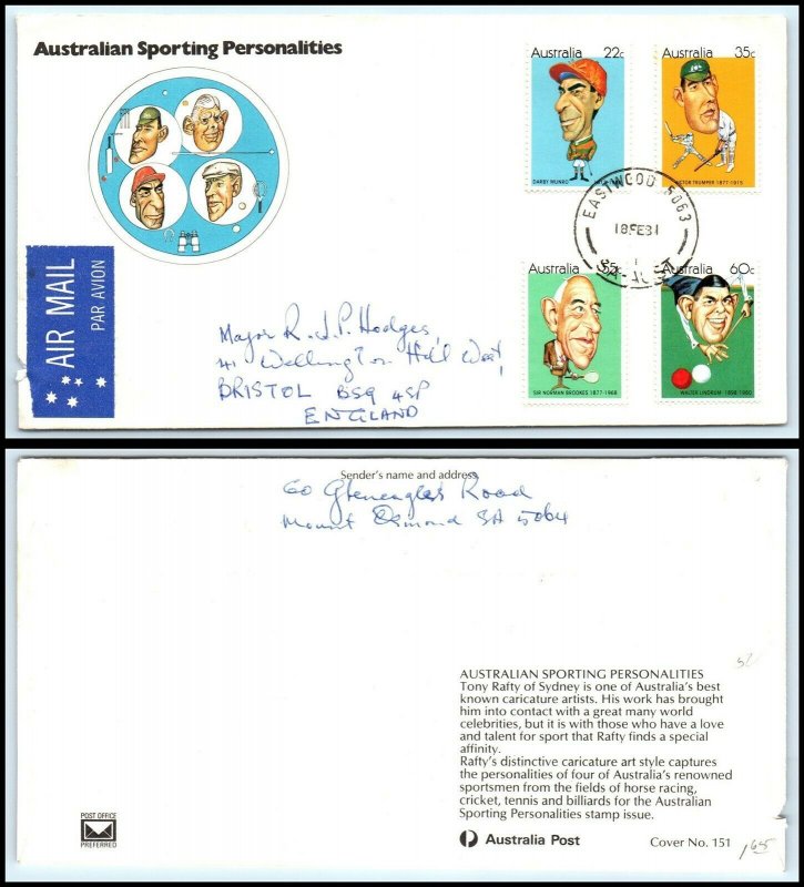 1981 AUSTRALIA FDC Cover - Australian Sporting Personalities, Eastwood T14 