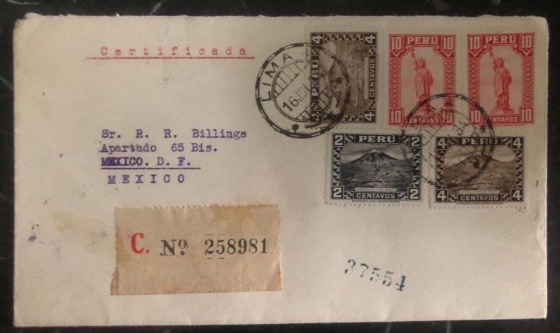 1934 Lima Peru Certified Mail cover To Mexico City Mexico Wax Seal