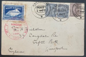 1924 Calcutta India Mount Everest Postcard Cover to Liverpool England Base Cance