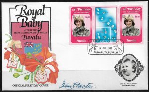 1982 Tuvalu 175 Birth of Prince William pair with label FDC autographed