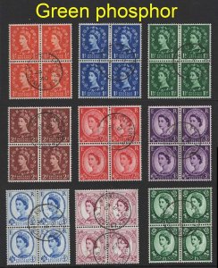 GB 1960 Green phosphor set of 9 in very fine used blks of 4 incl the scarce 2d