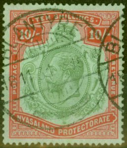 Nyasaland 1926 10s Grn & Red-Pale Emerald SG113c Nick in Top Right Scroll Scarce