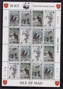 Isle of Man-Sc#402a-unused NH sheet of 4 strips-Birds-Puffins-WWF-1989-