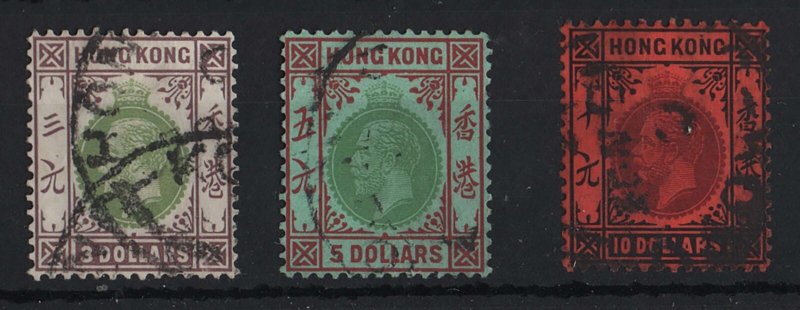 Hong Kong 1912 $3, $5 fine used cat £590, also $10 this heavyish cancel cat £1