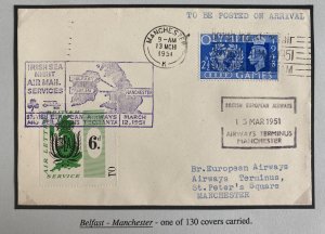 1951 Manchester England First All Up Airway Letter Services By BEA Cover 130flow