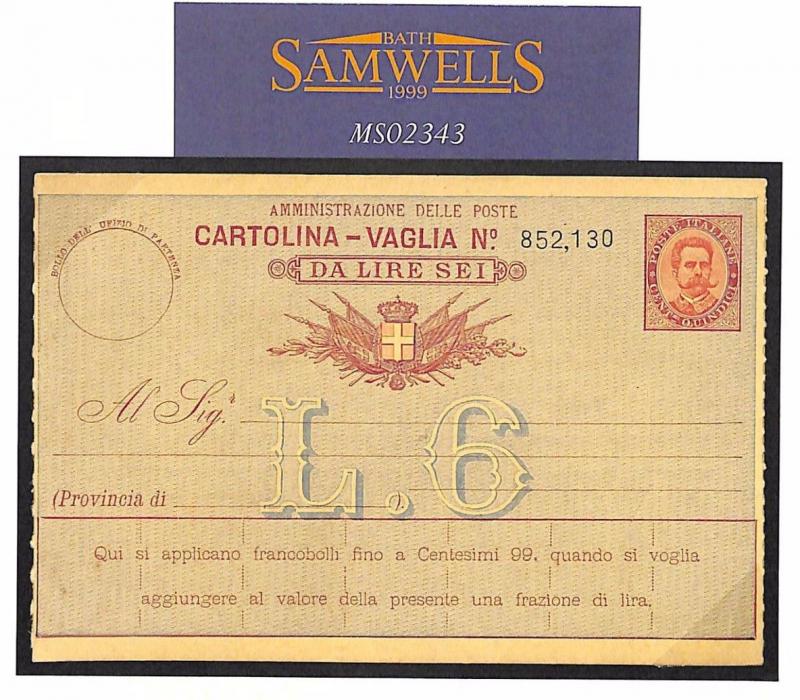 ITALY Postal Stationery 6 Lire PARCEL CARD *Cartolina-Vaglia* Fine Unused MS2343